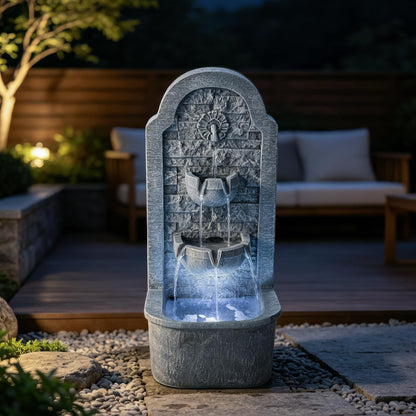 Solarbloom 30.3" H Outdoor Water Fountain, Freestanding Waterfall with LED Lights, Floor-Standing Water Feature for Patio, Garden, Backyard, Porch, Home Decor
