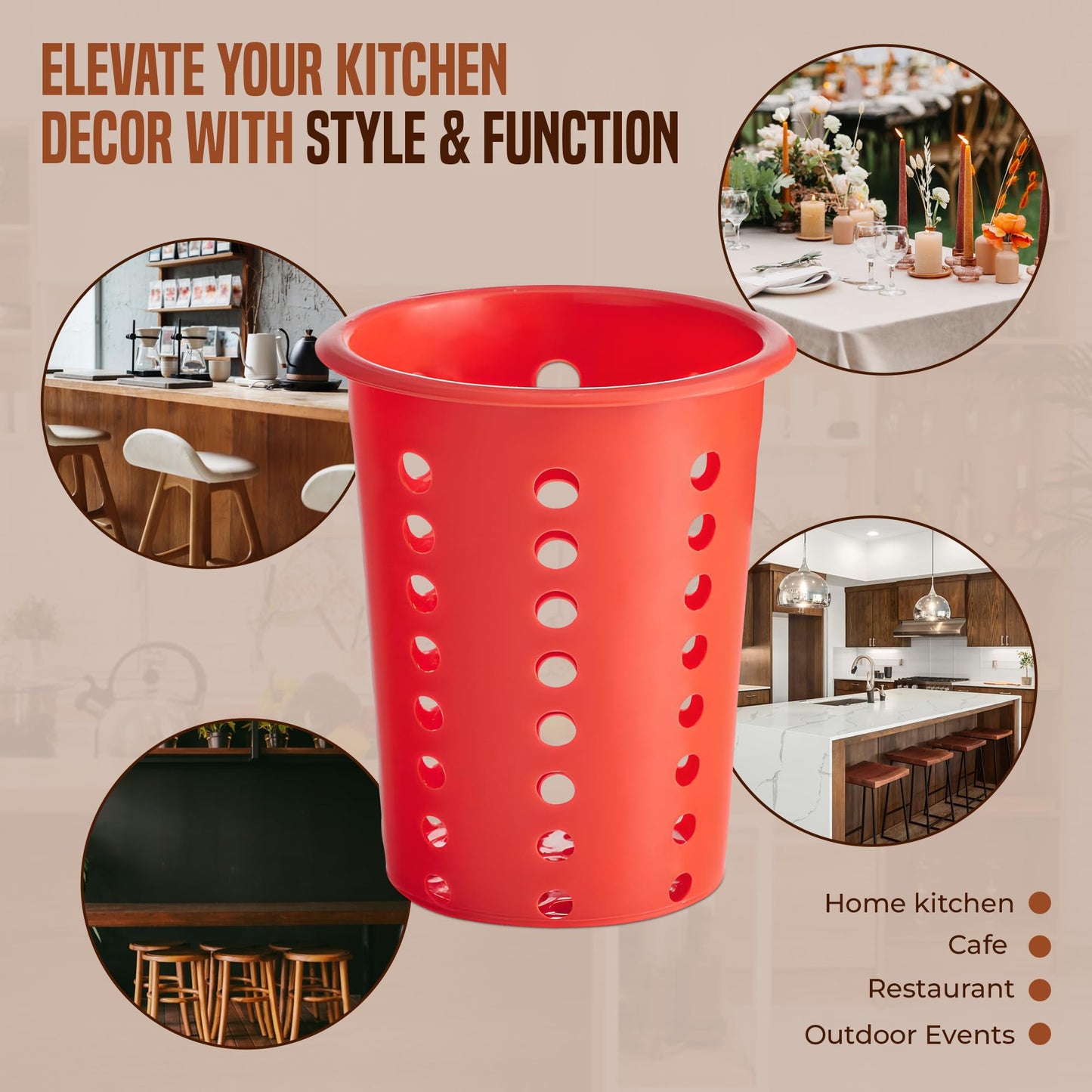 OCS Parts Perforated Utensil Drying Cups | Red | Set of 3 | Plastic Flatware Holder Cylinders for Kitchen Counter Organization