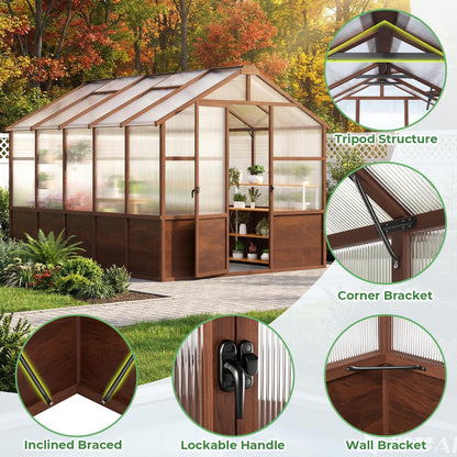 Jocoevol 8x10FT Greenhouse for Outdoors, Wooden Frame Polycarbonate Green House w/ Adjustable Roof Vent and Lockable Door Handle, Walk-in Greenhouses for Outside Garden Backyard