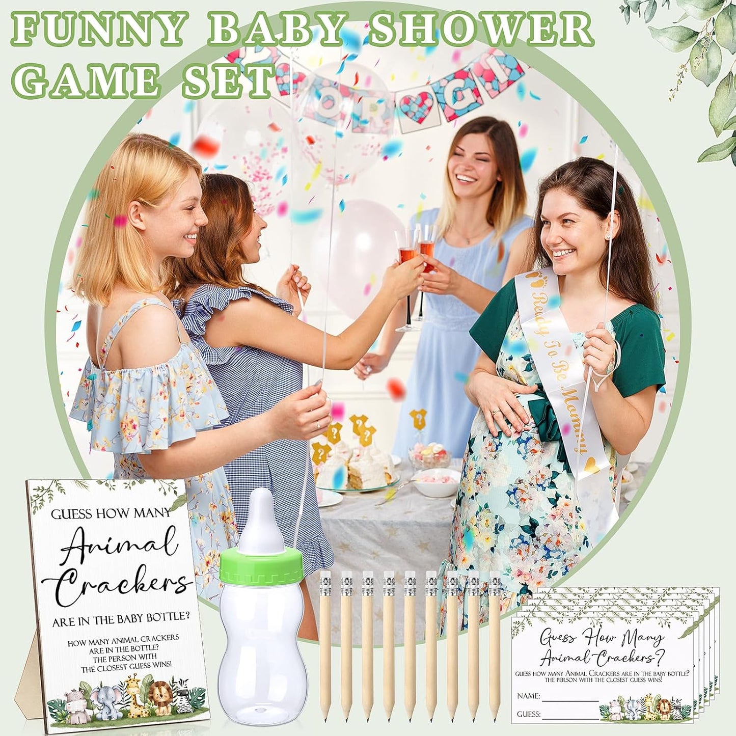 122 100 20 Dandat Pcs Woodland Safari Baby Shower Games Guess How Many Crackers Sign Guessing Cards Milk Bottle Pencils