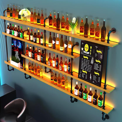 Dawselod Wall-Mounted Wine Rack with LED Lights 4-Tier Wooden Floating Bar Shelves Creative Large Wine Bottle Display Rack Hanging Shelf, for Home Bar Kitchen,Living Room (Wood, 180cm/71in)