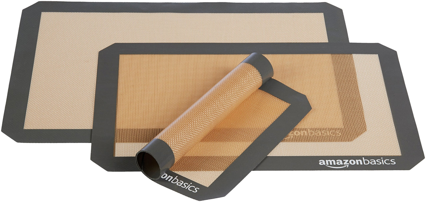 Amazon Basics Rectangular Non-Stick Silicone Baking Mat, Food Safe, Heat Resistant, 9"x13", 9.9"x14.8", and 16.5"x11.6", Beige/Gray, Pack of 3