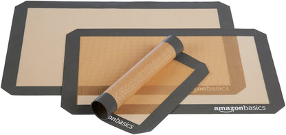 Amazon Basics Rectangular Non-Stick Silicone Baking Mat, Food Safe, Heat Resistant, 9"x13", 9.9"x14.8", and 16.5"x11.6", Beige/Gray, Pack of 3