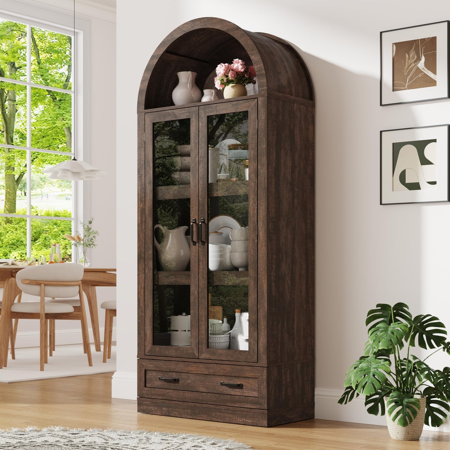 75" Tall Arched Kitchen Pantry Cabinet w Load-Bearing Steel Pipe,Modern Farmhouse Kitchens Storage Cabinet with Drawer and Glass Doors,Tall Arched Bookcase,Pantry Organizer(Rustic Brown)