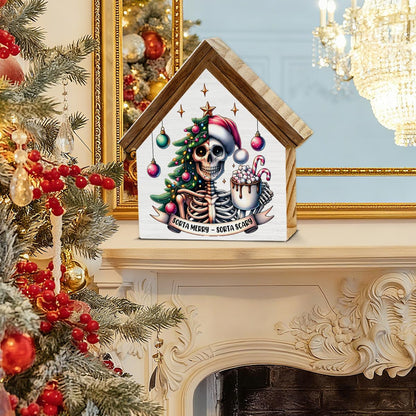 Gothic Christmas Skeleton Decor, Sorta Merry Sorta Scary House Shaped Wood Sign, Goth Spooky Christmas Decorations
