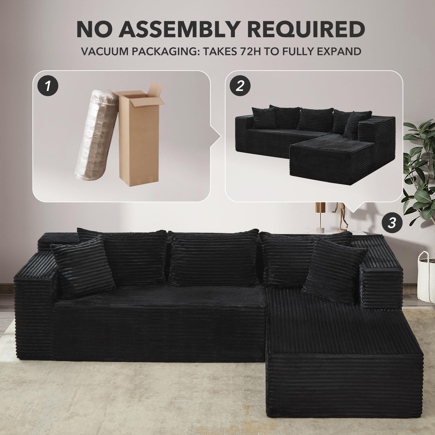 Modular Sectional Sofa Cloud Sectional Couch, 106" Comfy L Shaped Black Couches for Living Room, Deep Seat Memory Foam Plush Corduroy Boneless Couch Sectionals with L Facing Chaise Sofa