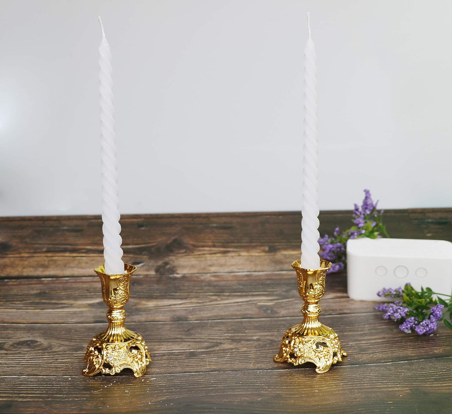 Taper Candle Holders with Deluxe Engraved Design, Set of 2 Premium Gold Candlestick Holders