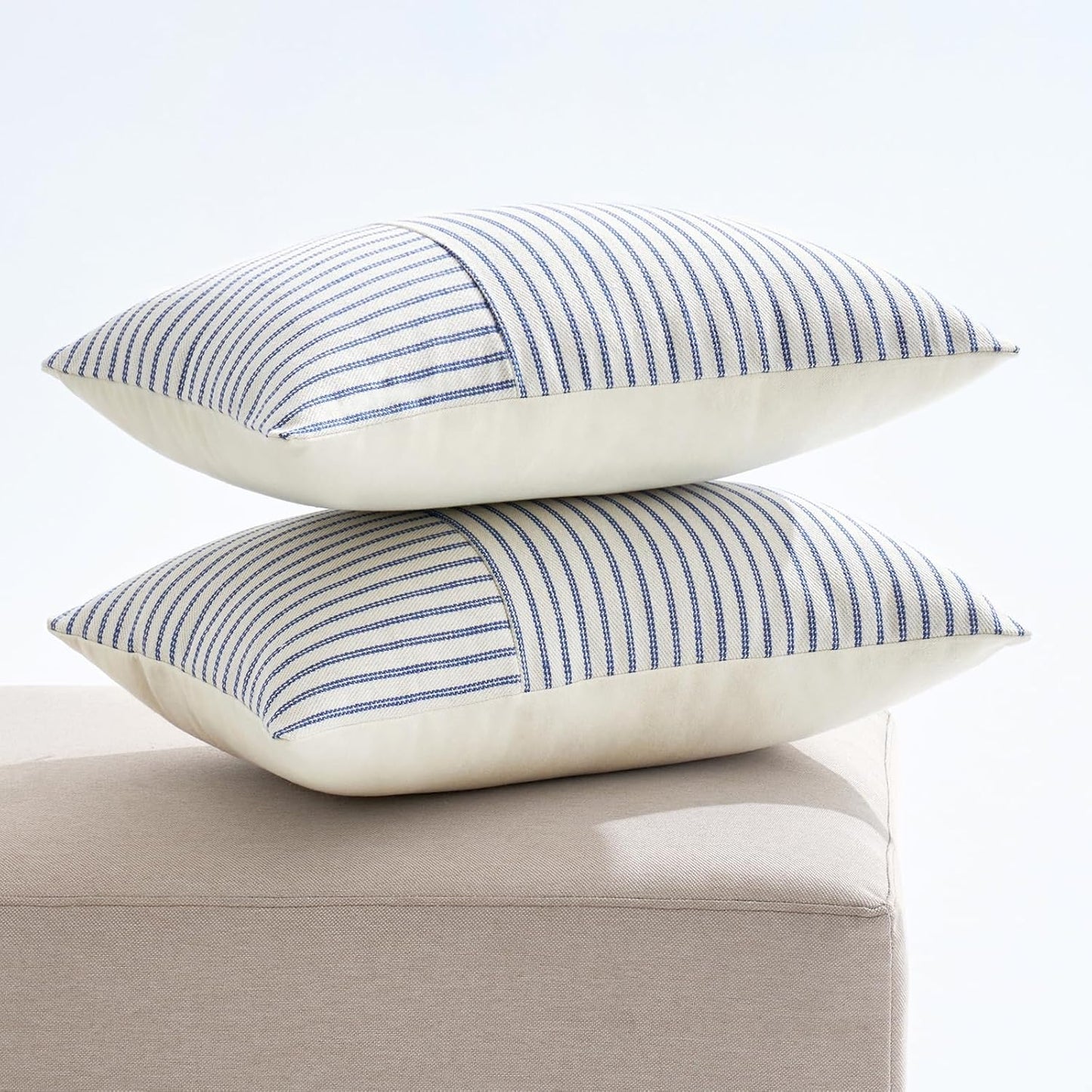 12x20 Inch, Pack 2 MIULEE Royal Blue and Beige Patchwork Farmhouse Pillow Covers of Striped Linen Decorative Modern