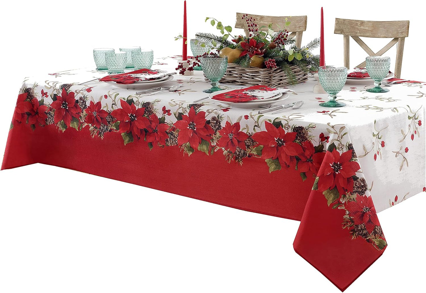Newbridge Christmas Blooming Poinsettia’s Double Bordered 70 Inch Long Table Runner, Holiday Red and White Poinsettia