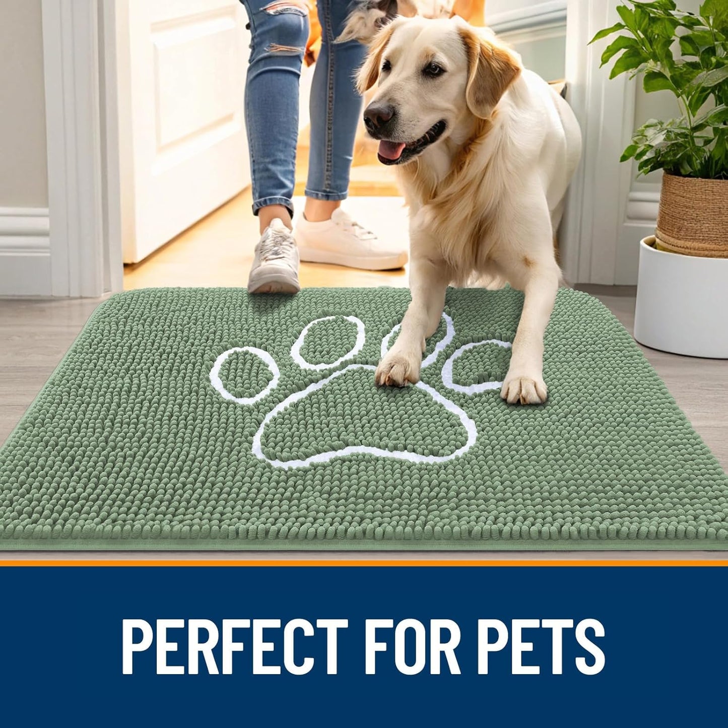 OLANLY Dog Door Mat - Muddy Paws Absorbent Non-Slip Chenille Doormat | 36x24, Olive Green & White