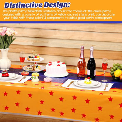 Oudain 3 Pcs Anime Theme Tablecloth 108 x 54 Inches Cartoon Table Covers Yellow Blue and Red Stars Print Table Cloth for Birthday Party Decoration