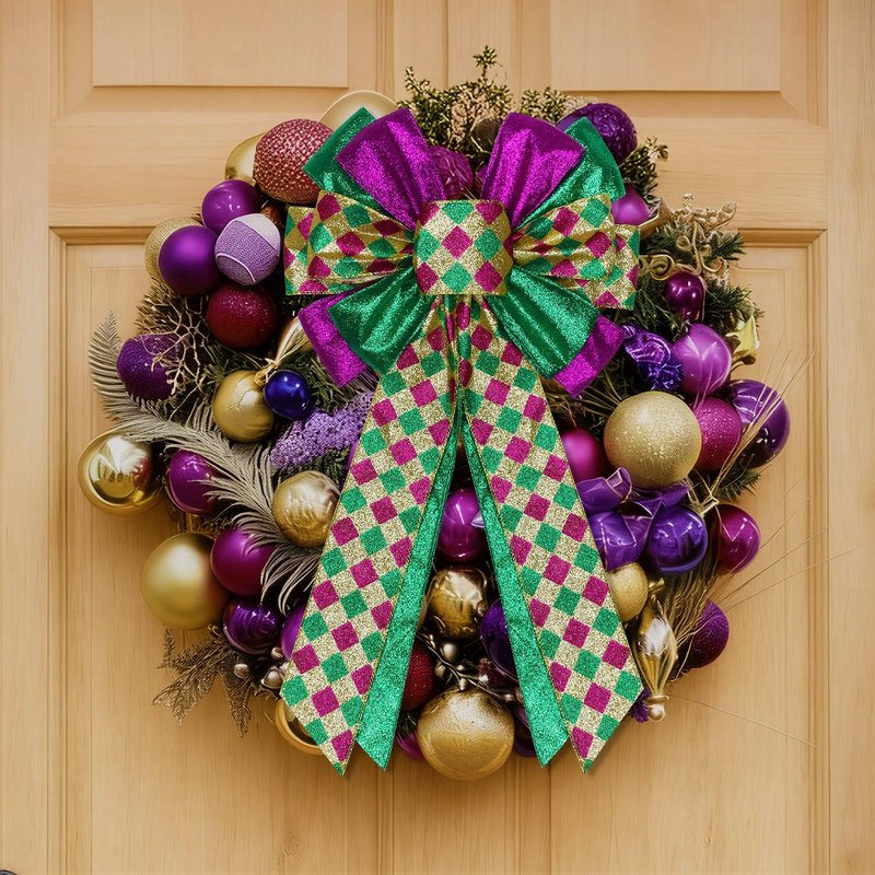 2 Pcs Mardi Gras Bows for Wreaths Decorations,12”x20” Large Glitter Tree Topper Bow Decor for Holiday Party Wall Home Front Door Float Golf Cart Gold Green Purple