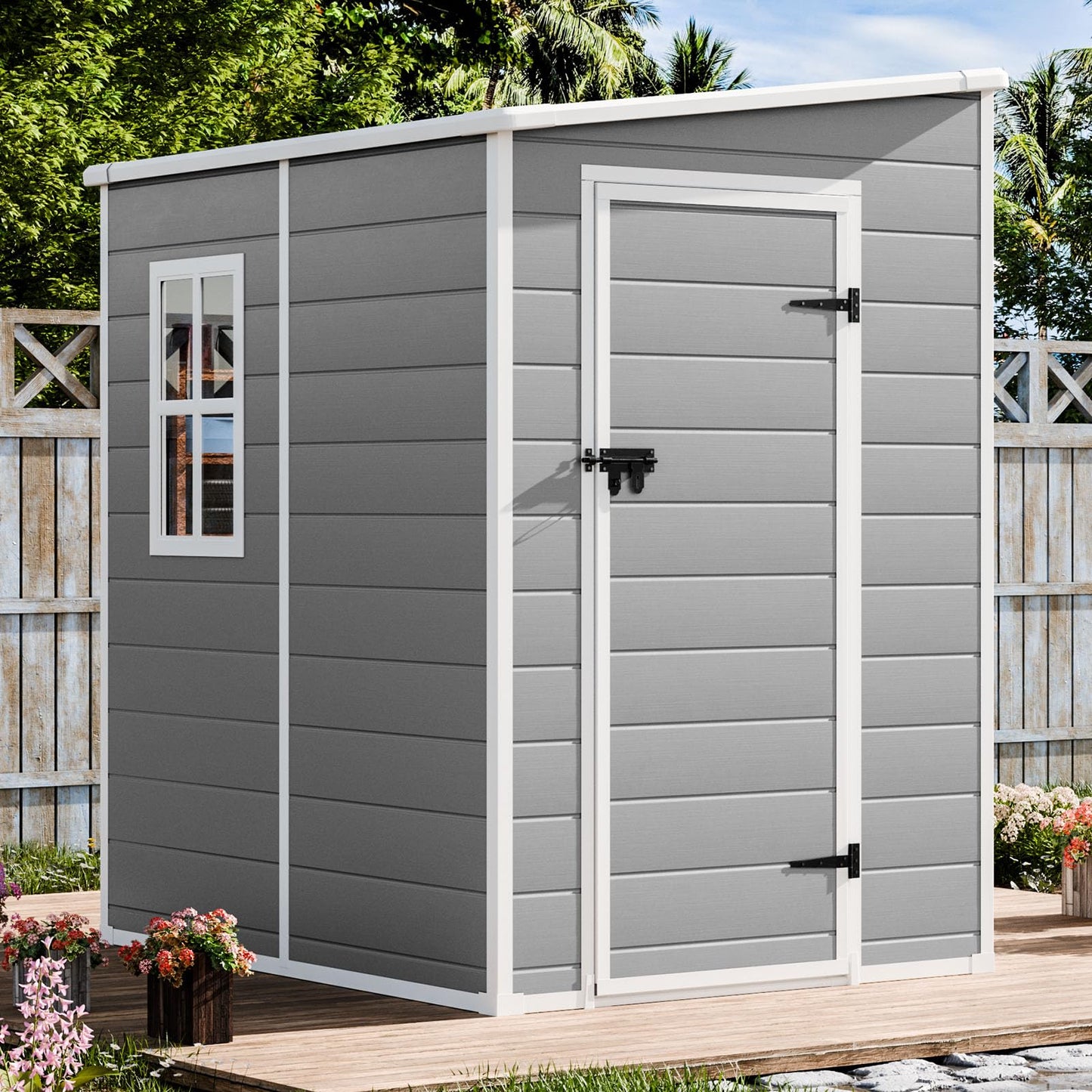 Resin Storage Shed 5x4 FT with Floor Lockable Door Window Included, Easy Assemble All Weather Waterproof Durable Plastic Outdoor Garden Tools Sheds for Backyard Patio
