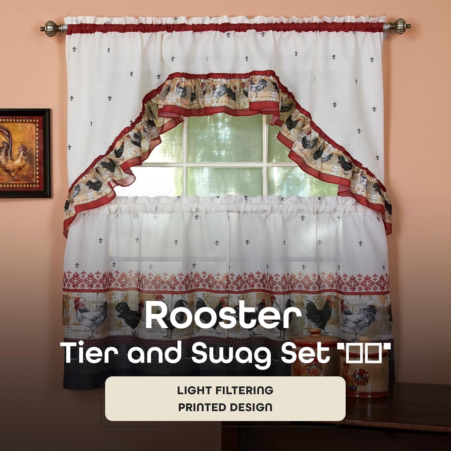 Printed Tier and Swag Window Curtain Set, 57 Inch Width, 36 Inch Length, Rooster, Machine Washable