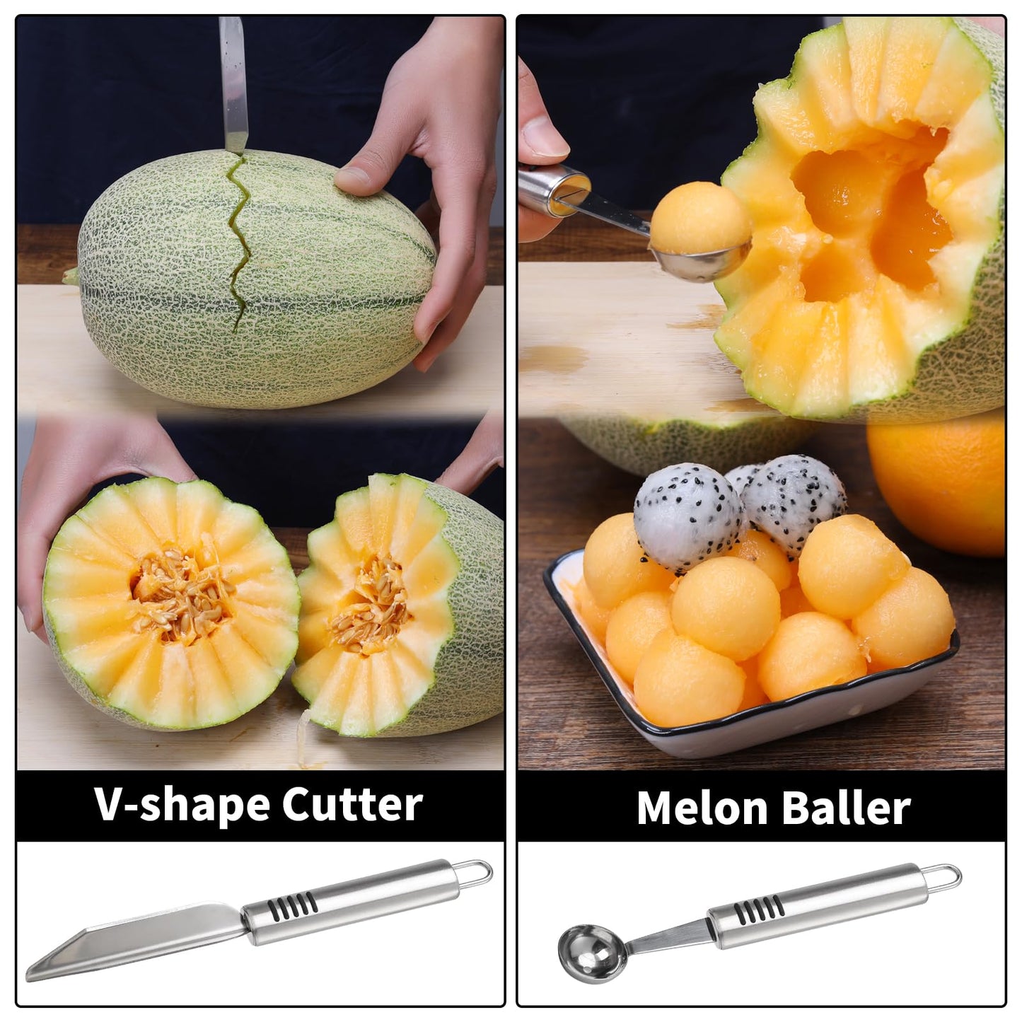 BURLIHOME Stainless Steel Fruit Carving Knife Set, 6 Pack Vegetable Engraving Blades for Kitchen, Melon Baller Scoop,Lemon Zester, Garnish Peeler,Crinkle Knife,V-shape Cutter