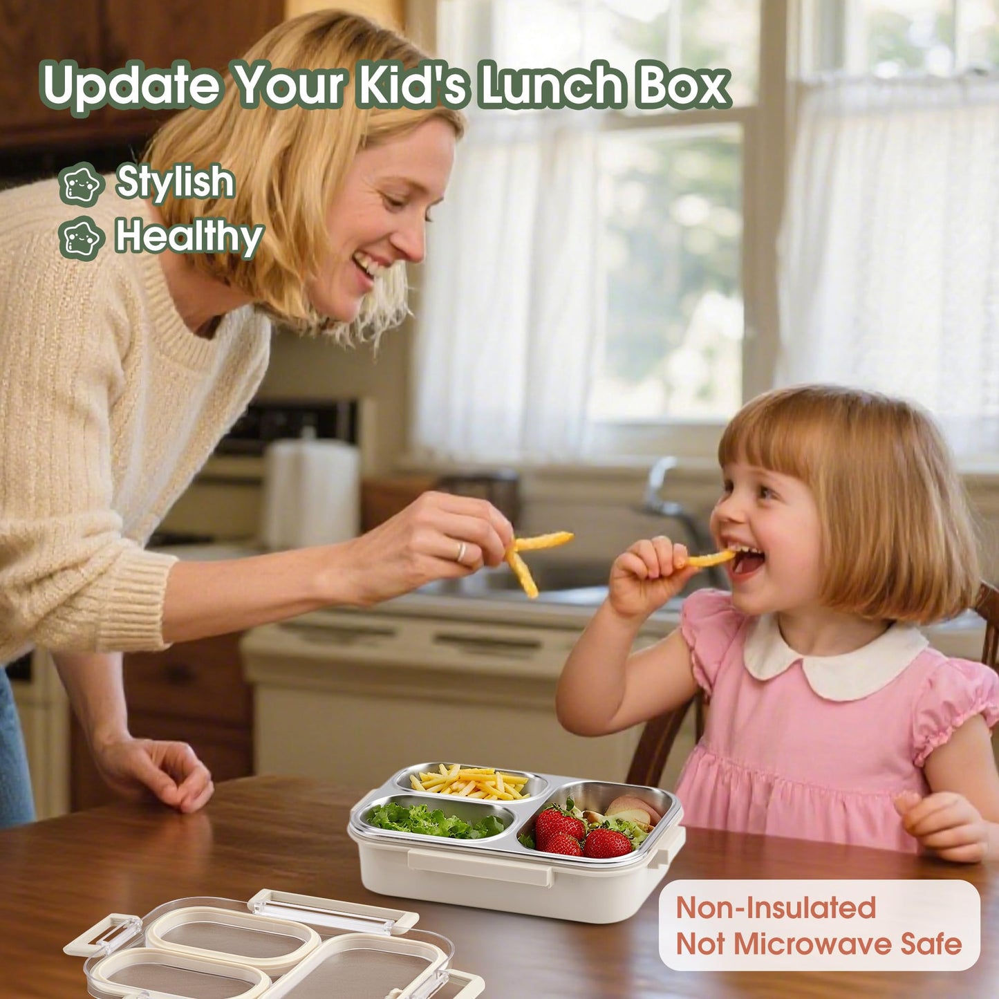 Kabbas Stainless Steel Bento Box Kids & Adults - 25 oz Leakproof Lunch Box with 3 Compartments, Premium 304 Stainless Steel Lunch Box for Kids, Dishwasher Safe, Suitable for School, Office, Outside