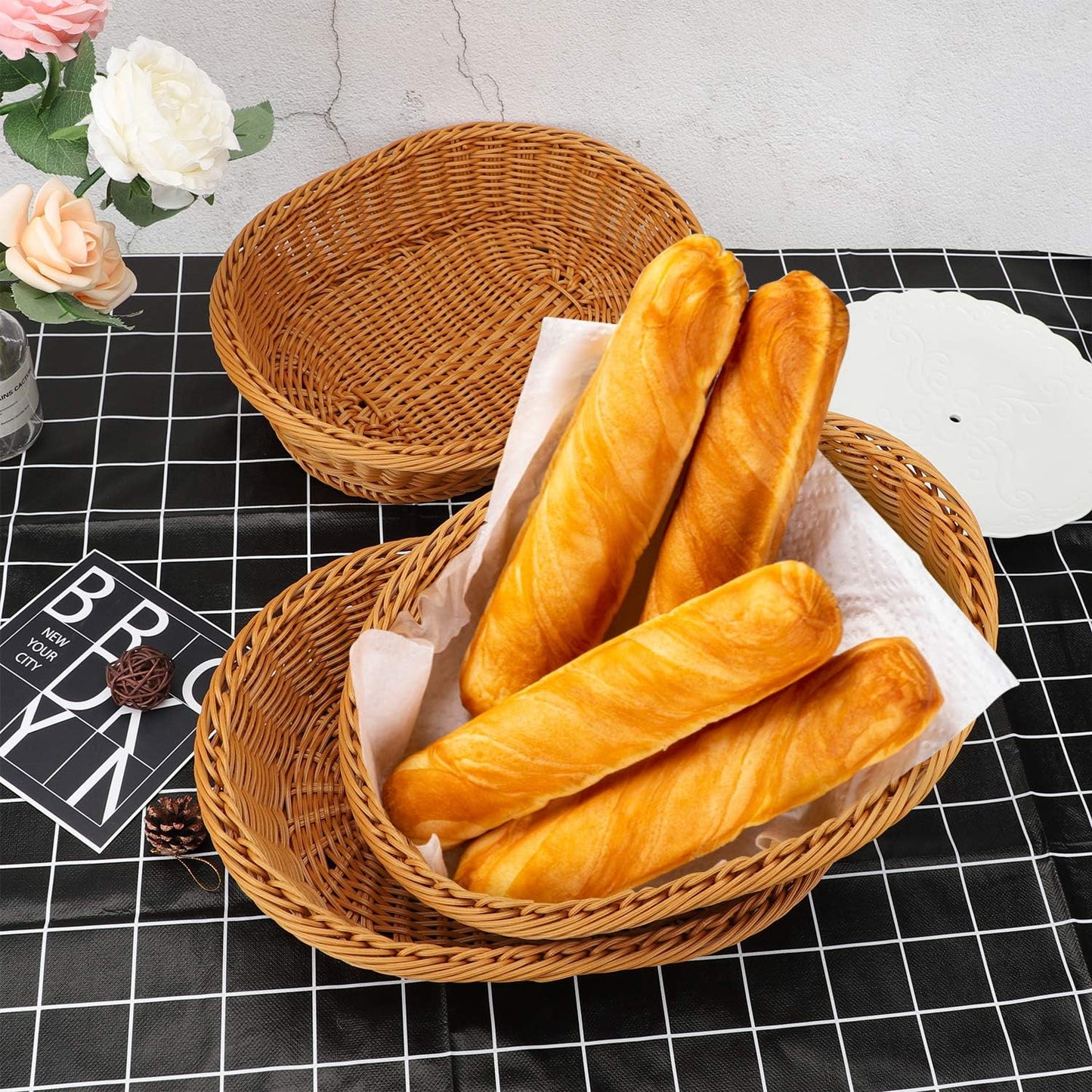 EUSOAR Wicker Basket, 12.2"x 7.9"x 2.8", 3pcs Tabletop Food Serving Baskets for Restaurant Bakery Family