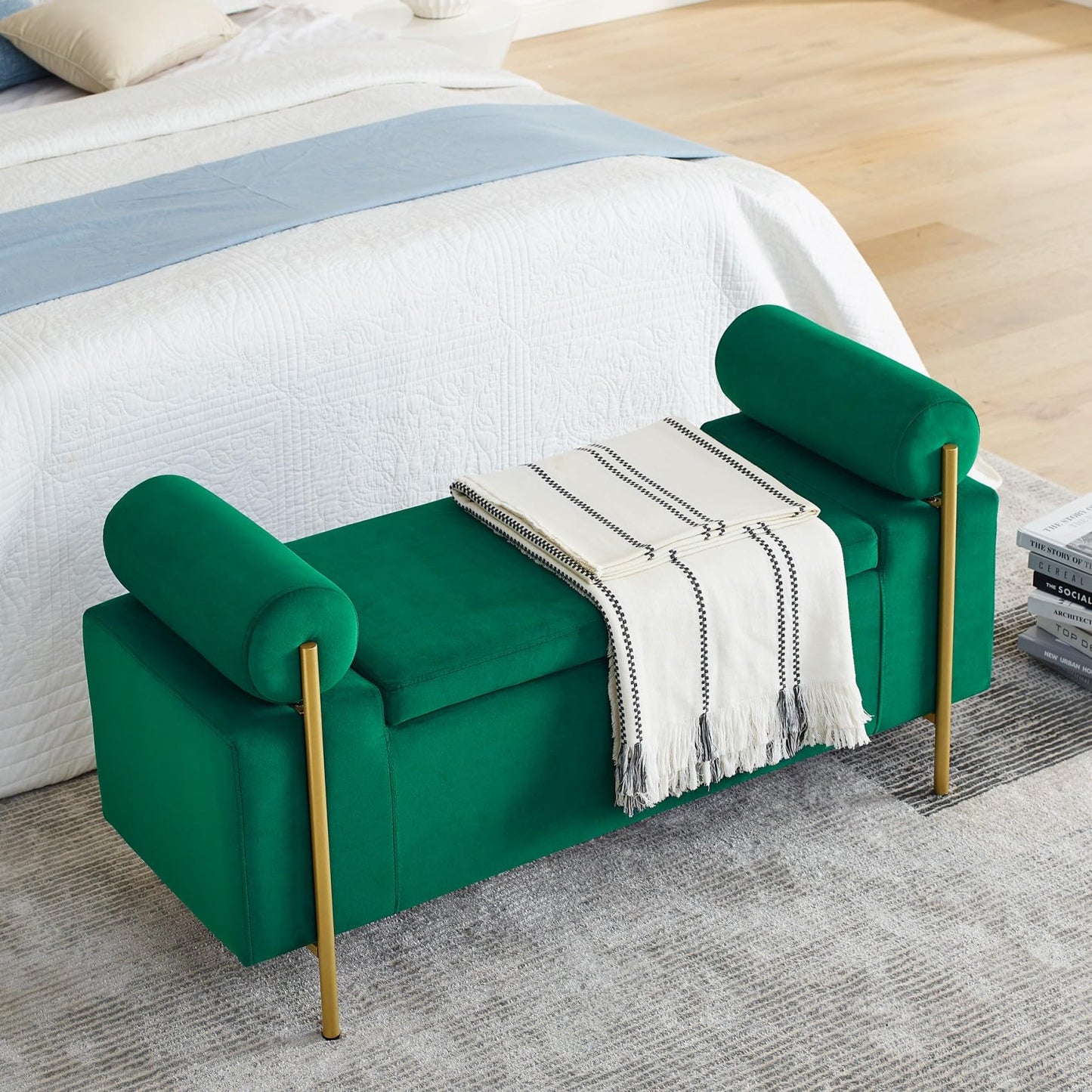 KEIKI Linen Ottoman Bench with Storage & Cylindrical Armrest, Upholstered Seating Foot Rest Stool Furniture for Bedroom, Living Room, Entryway, Green