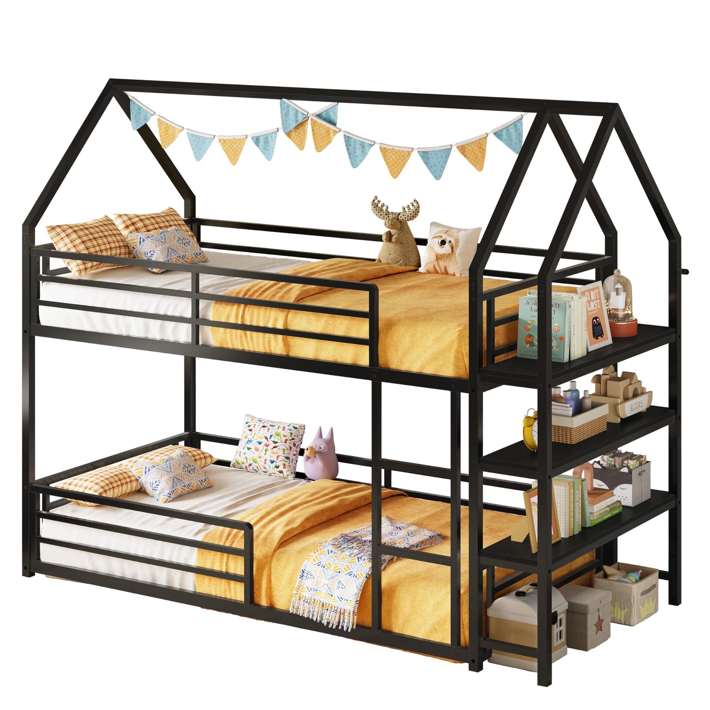 LIKIMIO Bunk Bed Twin Over Twin, Twin Bunk Beds Frame with 3-Tier Storage Bookshelf, Metal Twin House Bed Ladder and Safety Guardrail, Space Saving for Apartment or Dorm, No Box Spring Needed, Black