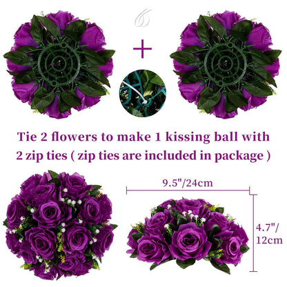 BLOSMON Flower Balls Wedding Rose Centerpieces: 2 Pcs Fake Flowers with Base White Kissing Balls Decor White Artificial Floral Arrangements Flower Bouquet of Roses Home Party Table DIY Decorations
