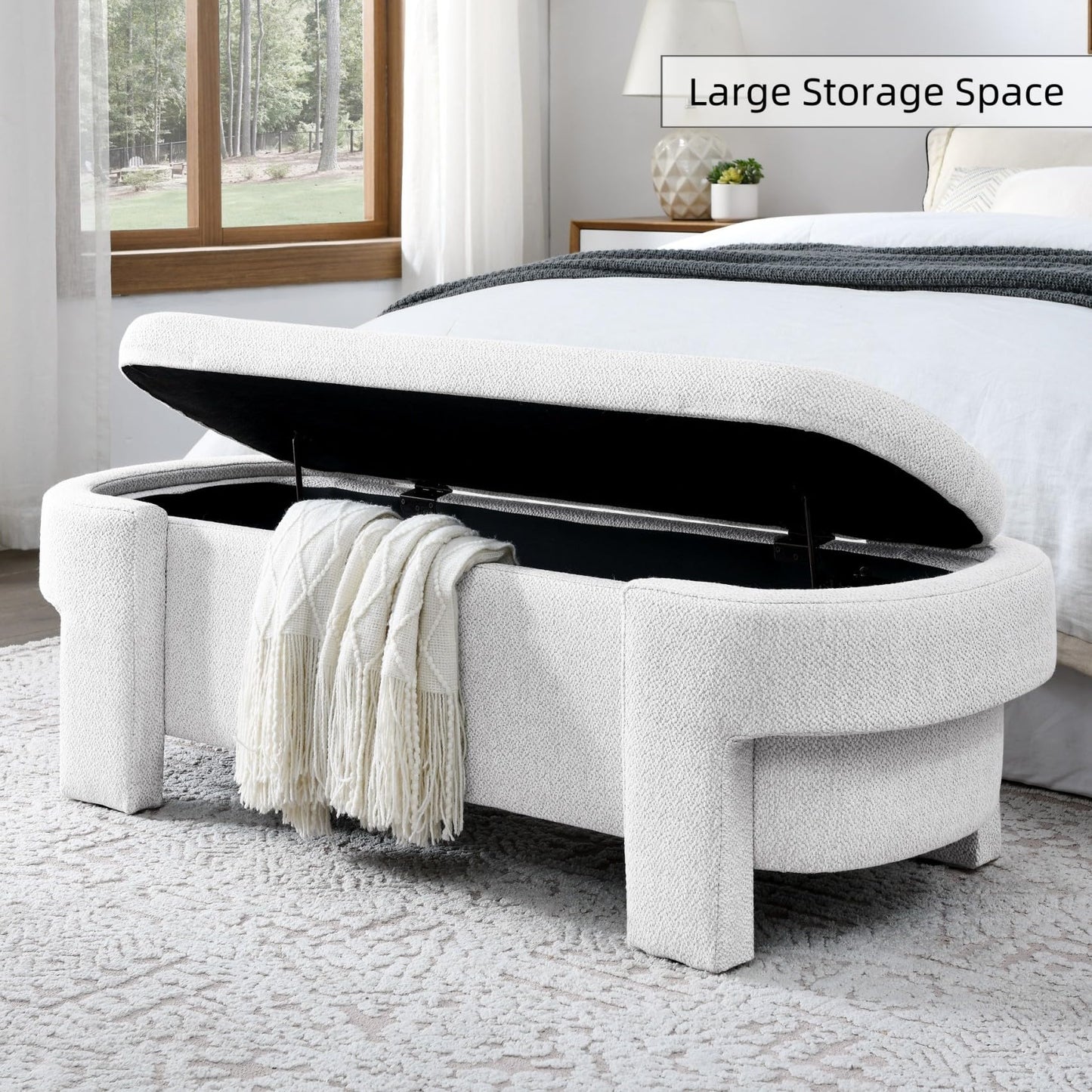 KEIKI 51" Linen Ottoman Bench with Large Storage Space, Upholstered Seating Foot Rest Stool Furniture for Bedroom, Living Room, Entryway, White