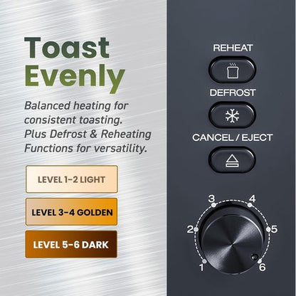 Elite Gourmet Long Slot 4-Slice Toaster - 1.5” Wide Slots, 6 Toast Settings, Stainless Steel Finish