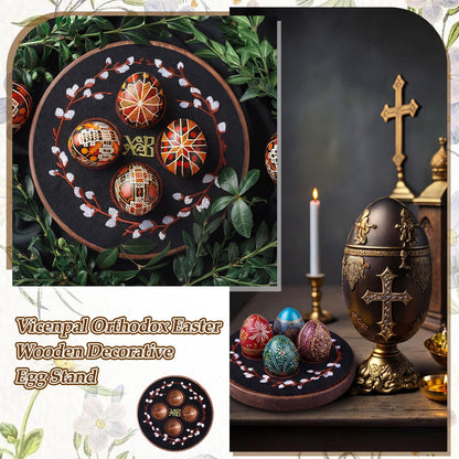 Vicenpal Greek Orthodox Easter Egg Holder Wooden Decorative Easter Egg Display Stand with Xb Embroidery Floral Pascha Patch Serving Tray Greek Pedestal Ukrainian Religious Gift for Orthodox Home Decor