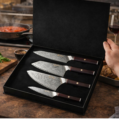 Wakoli Culinary Asia Damascus 4-Piece Knife Block Set with Magnetic Block – Professional Kitchen Knives made of 67-Layer Damascus Steel Blades & VG10 Core – Ergonomic Dark Oak Wood Handles in Gift Box