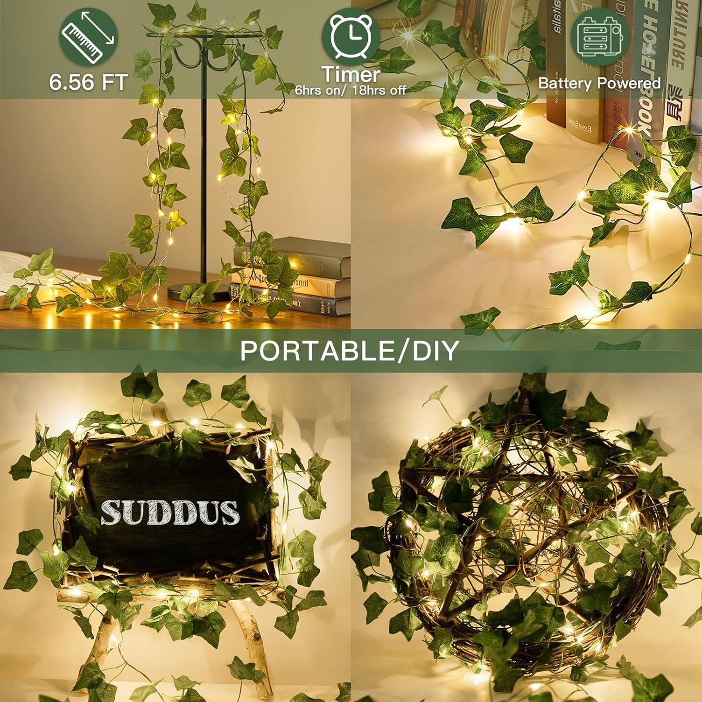 20 6.56FT suddus Fake Vines with Lights Battery Operated, LED Ivy Garland Fairy Lights with Timer, Leaf String Lights