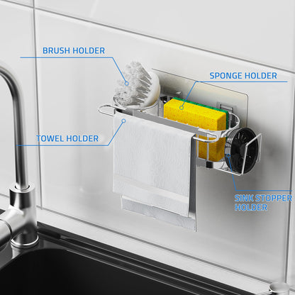 Cisily Kitchen Sink Caddy Sponge Holder in The Sink, Stainless Steel Kitchen Sink Organizer, Brush Holder, Dish Cloth Hanger, Sink Stopper Holder with 2 Installation Ways (Suction & Adhesives, Silver