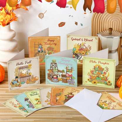 TecUnite 12 Pack Thanksgiving Diamond Painting Greeting Card Kits Fall Thanksgiving Diamond Art Cards with Envelopes Pumpkin DIY Crafts Kit Rhinestones Paint Scarecrow Cards for Friend Birthday Gifts