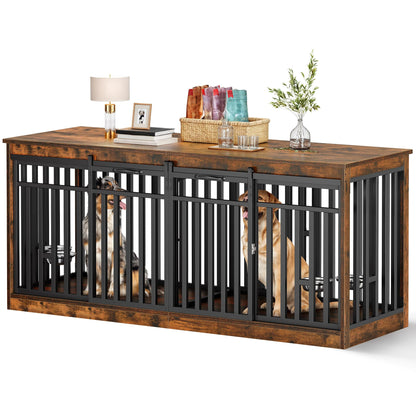 DWVO 71" Double Dog Crate Furniture for 2 Medium Dogs, Heavy Duty Wood Dual Dog Kennel TV Stand with Sliding Doors, Decorative Wooden 2 Dog Cage Table with Dog Bowls for Extra Large Dogs Rustic Brown