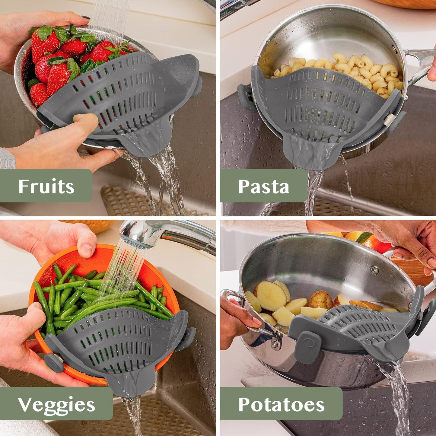 Kitchen Gizmo Snap N' Strain Clip On Strainer for Pots and Pans - Collapsible Silicone Pasta Strainer and Kitchen Gadget for Cooking - Easy to Use, Heat Resistant and Space Saving Colander - Green