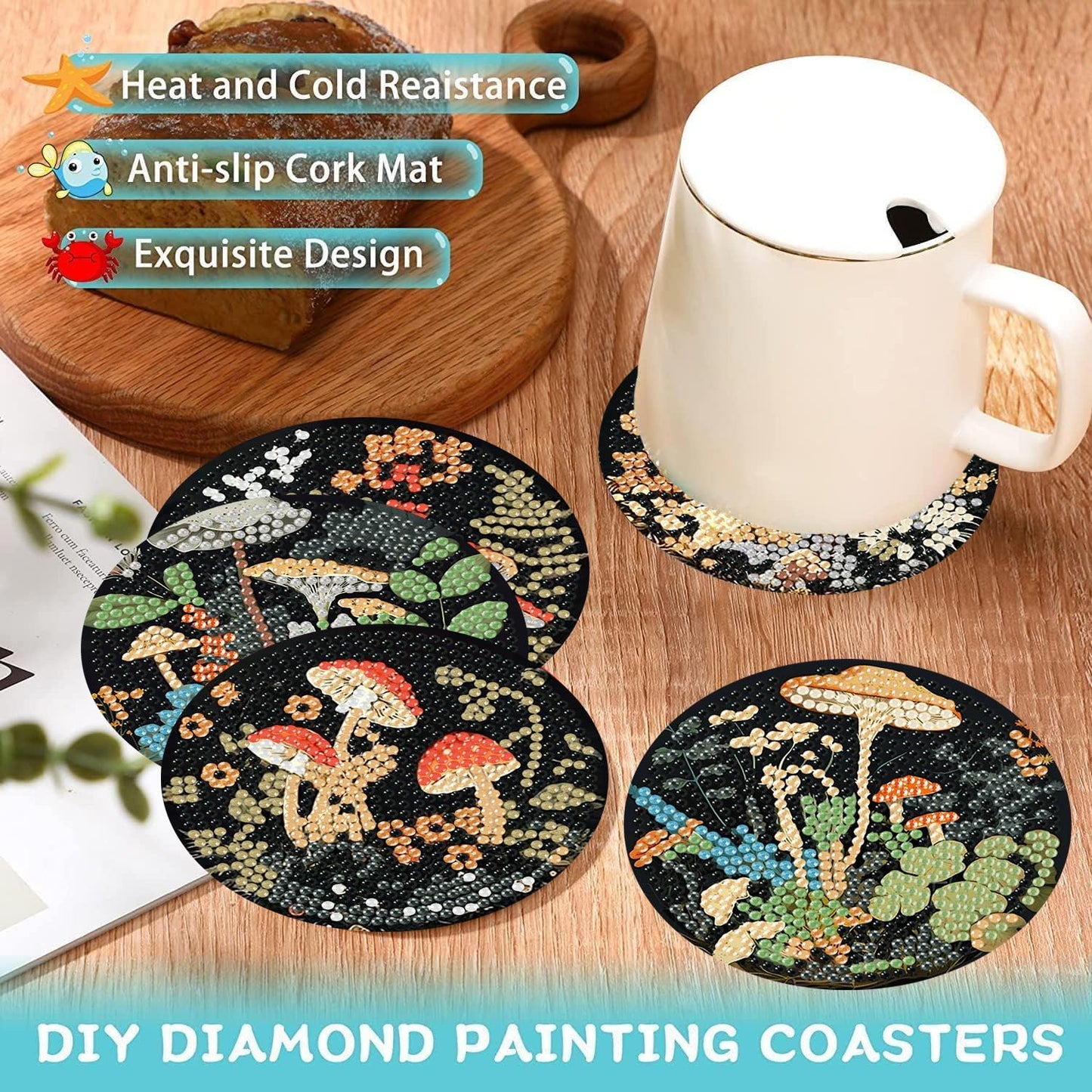Ekuxom 8 Pcs Diamond Art Coasters Kit for Adults- Mushroom Forest Diamond Painting Coasters with Holder-DIY Crystal Full Drill Rhinestone for Crafts Gifts Adults Beginners