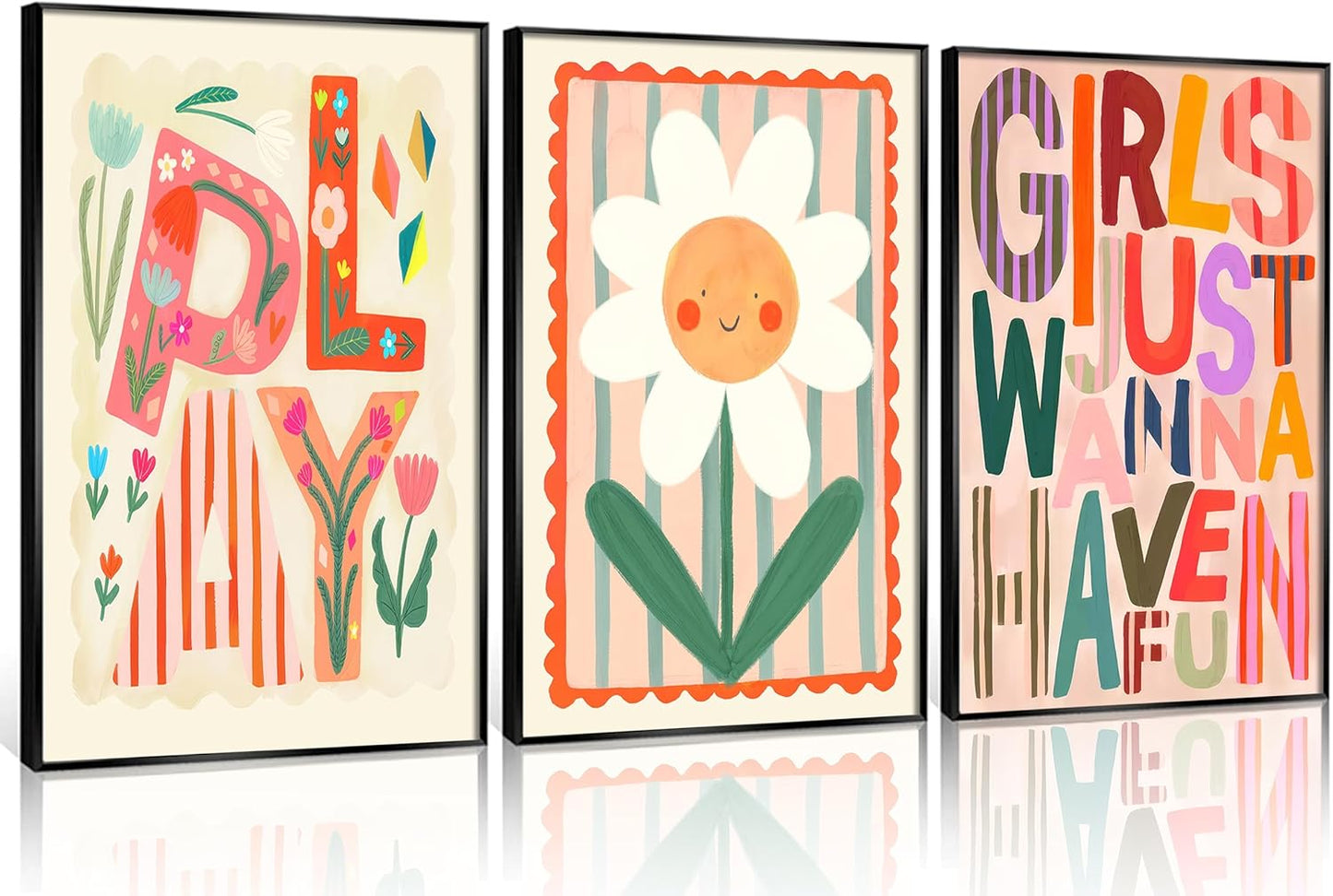 12x16 Inch, Set 3 Boho Floral Sun Nursery Wall Art Girls Just Wanna Have Fun Positivity Affirmation Rainbow Print