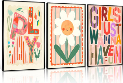 12x16 Inch, Set 3 Boho Floral Sun Nursery Wall Art Girls Just Wanna Have Fun Positivity Affirmation Rainbow Print
