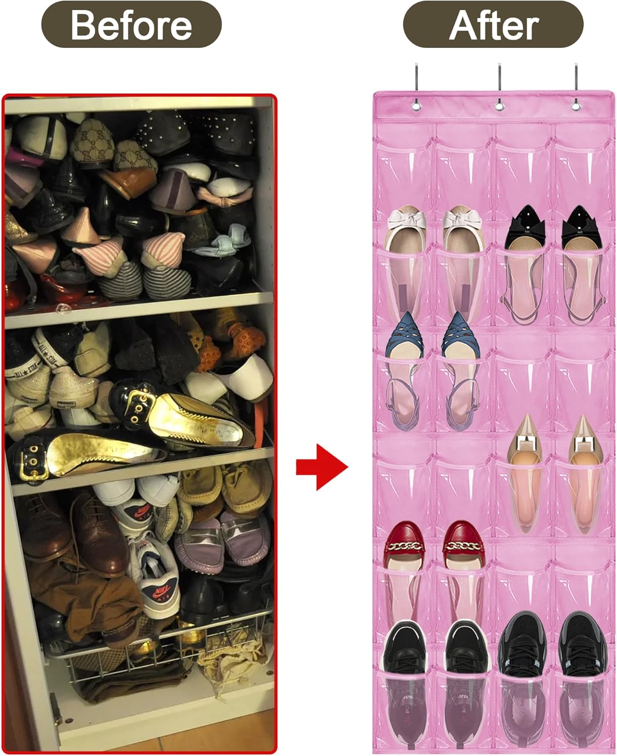 Over The Door Shoe Organizer: Space Saving Rack with 24 Pockets, Hook, and Hanging Shoe Holder (Pink)