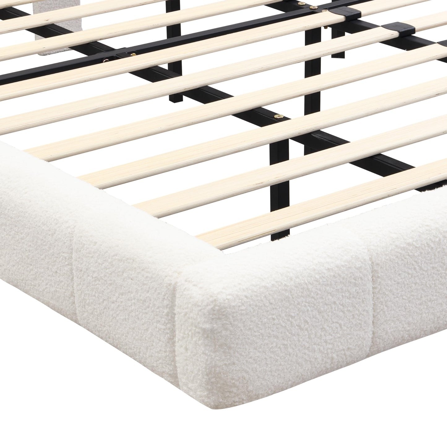 Merax King Size White Boucle Upholstered Platform Bed with Tall Headboard, Modern Floating Bed Frame with LED Lights for Bedroom, Solid Wood Slats Support, No Box Spring Needed, Easy Assembly
