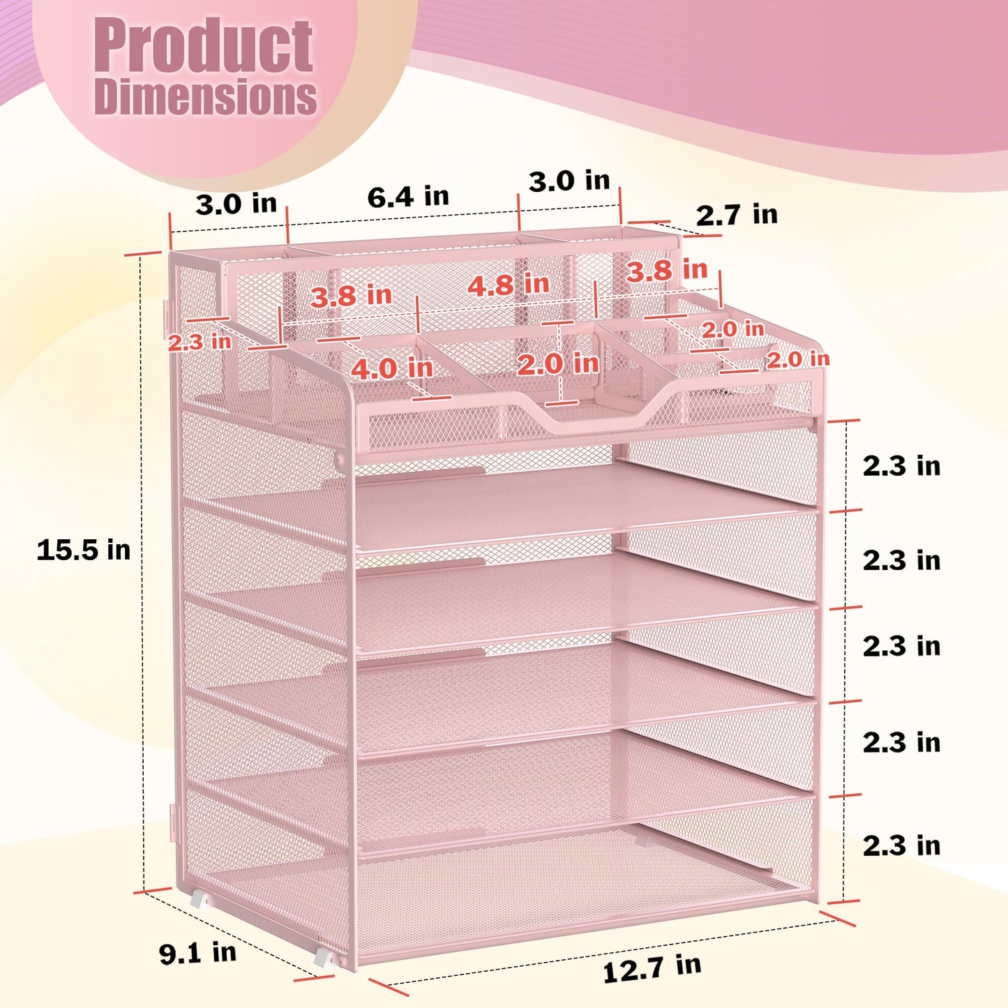 Docnest 6 Tier Mesh Desk Organizer for Paper Office Supplies – Multi-Functional Letter Tray with 5 Adjustable Compartments, 9 Pen Holders, Desktop Storage for Files, Mail, Stationery – Pink