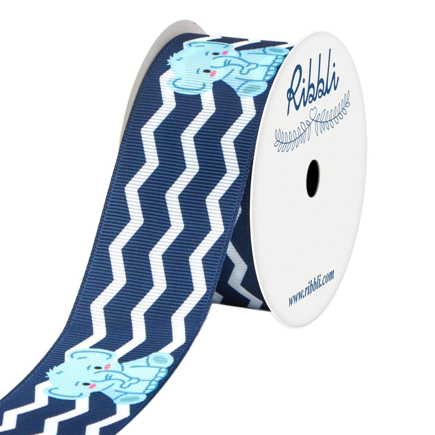 Ribbli Grosgrain Elephant Baby Chevron Craft Ribbon,1-1/2 Inch x 10 Yard,White/Navy/Light Blue,Use for Hair Bows,Wreath,Birthday,Baby Shower,Diaper Cake,Gift Wrapping,Party Decoration