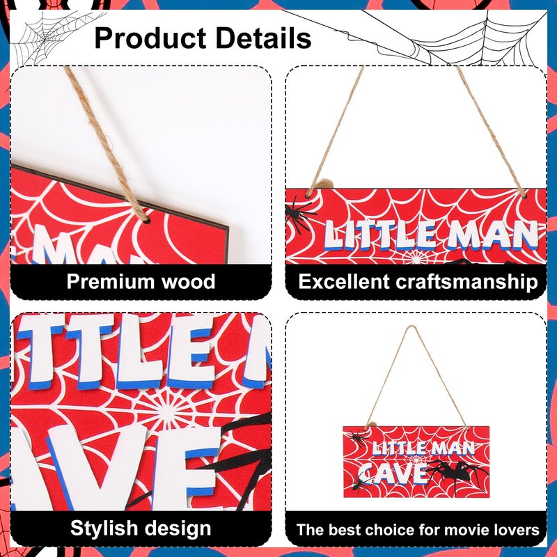 Spider Door Sign, 12x6in Red Wooden Spider Web Nursery Room Decor Little Man Cave Signs with Rope Wall Art Room Decoration for Boys Men