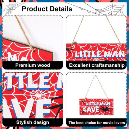 Spider Door Sign, 12x6in Red Wooden Spider Web Nursery Room Decor Little Man Cave Signs with Rope Wall Art Room Decoration for Boys Men