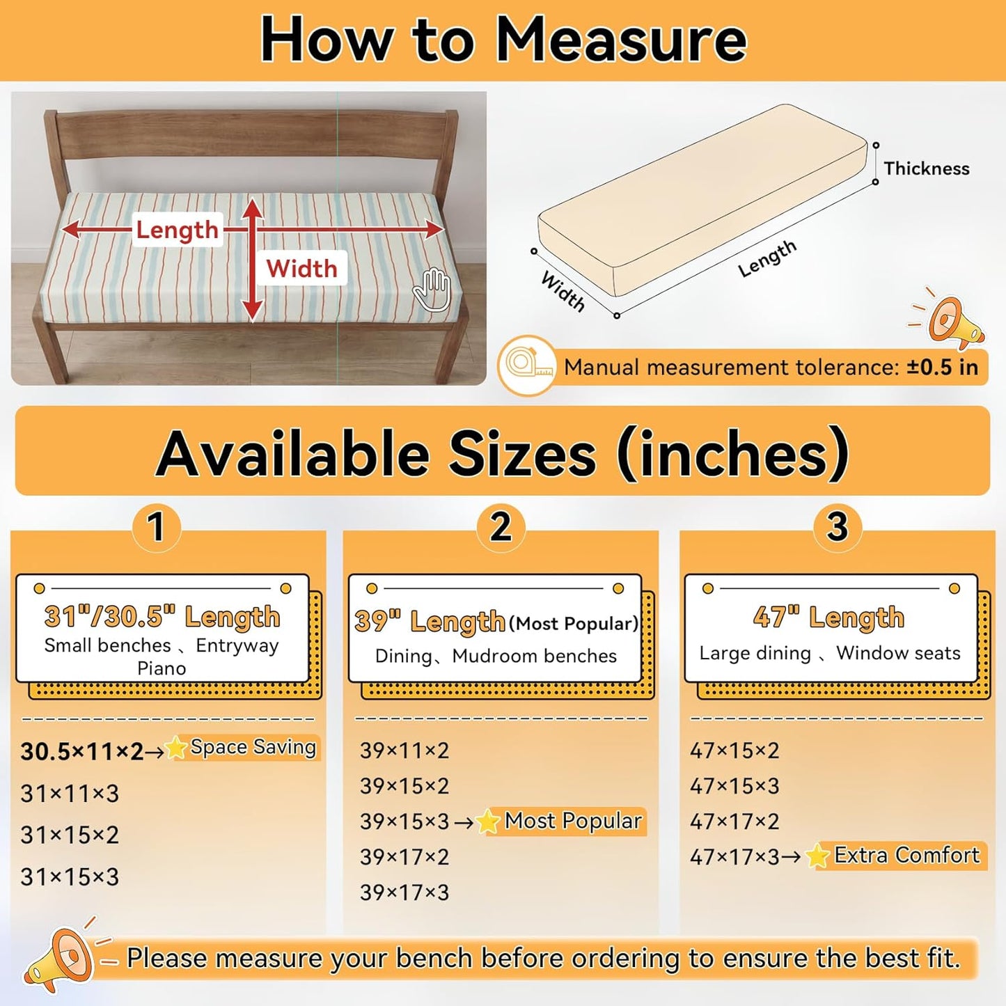 Custom Size Bench Cushion, Non-Slip High Density Foam Bench Seat Cushion for Indoor Furniture, Window Seat, Piano