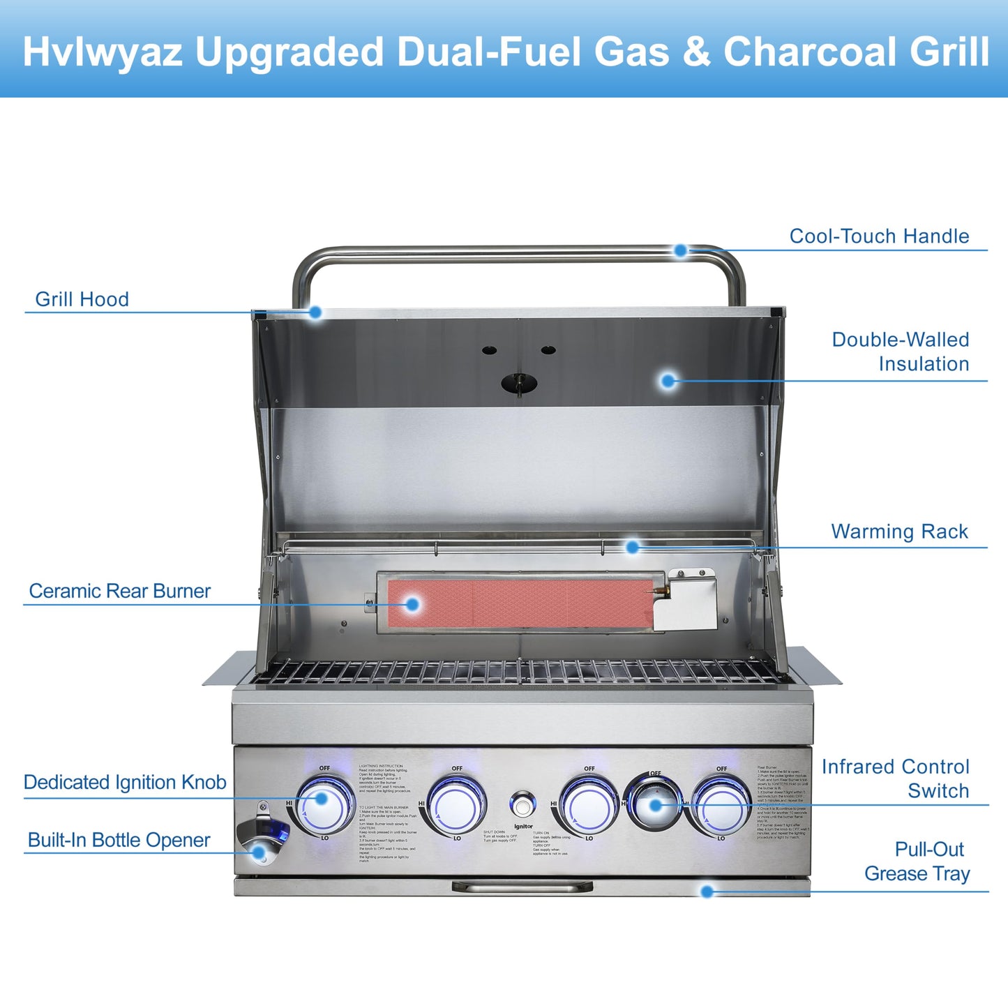 28-inch Built In Gas Grill Outdoor, 4Burner Propane Grill with Rear Burner 48,000BTU, Built-in BBQ Grill Stainless Steel, Charcoal and Propane Gas Dual Fuel, with Rain Cover for Outdoor Kitchen Island
