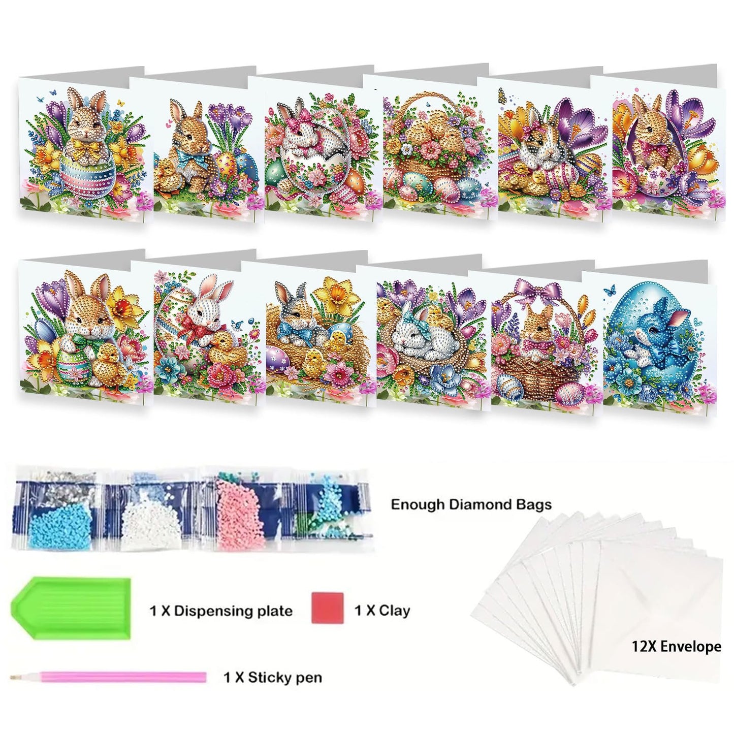 YOKUSHI 12 PCS Easter Diamond Art Painting Greeting Cards, Rabbit Craft DIY Card Making Kits for Adults Gifts (Easter)
