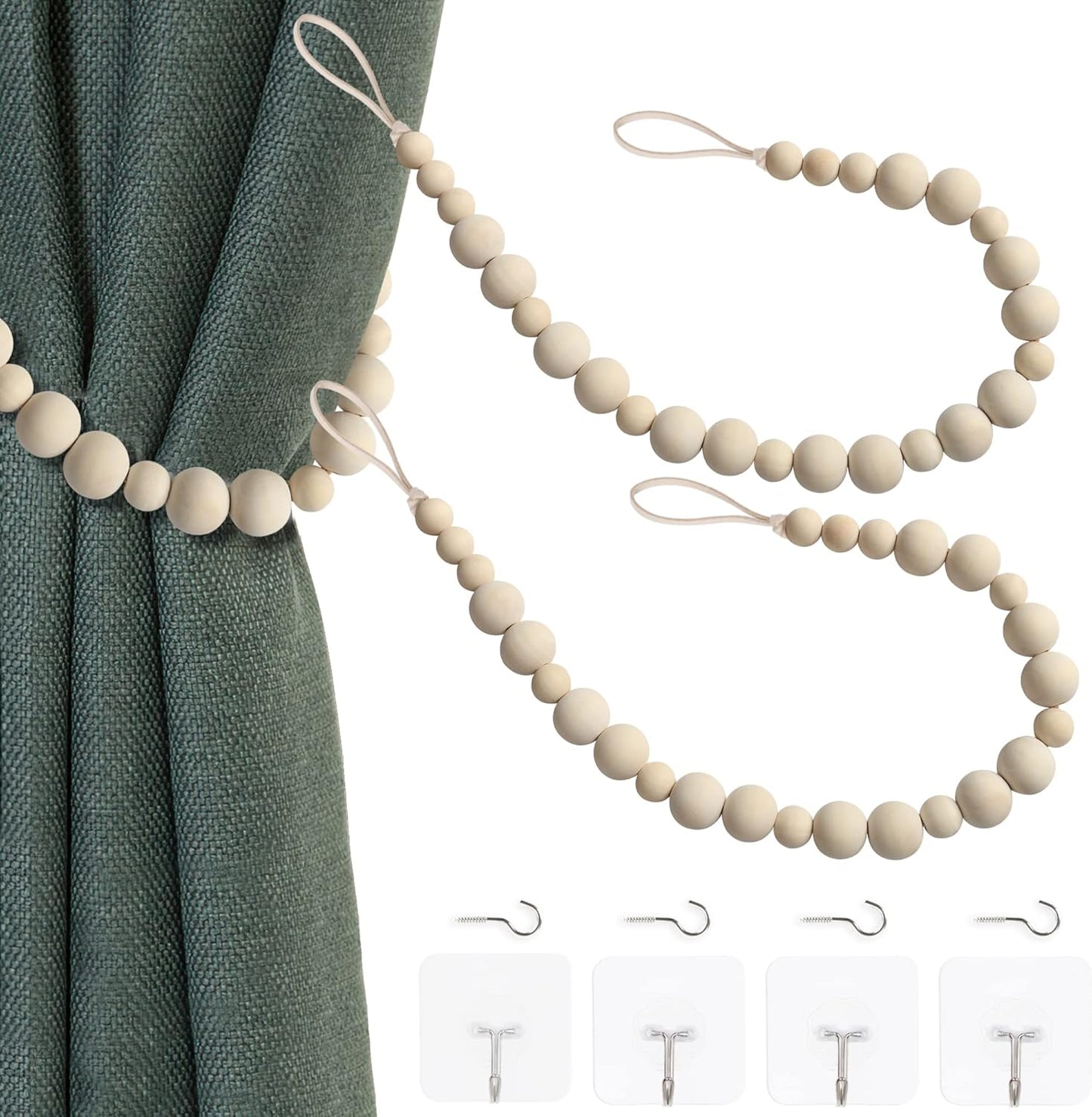 2 Color,2) OCIOLI Pieces of Wood Bead Curtain Tieback Boho Curtain Tiebacks Curtain Holdbacks for Wall Curtain Ties
