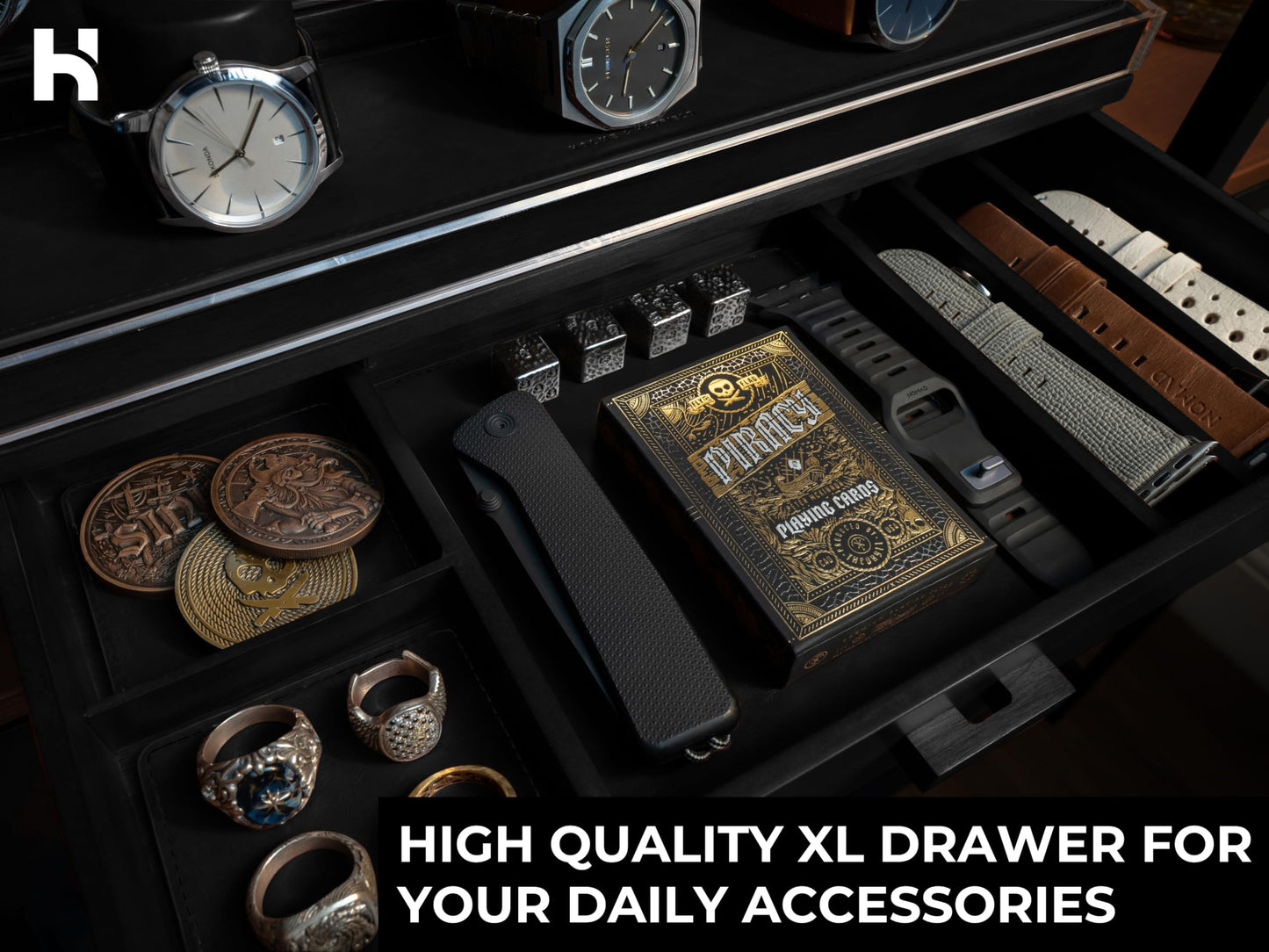 Premium 7 Slot Watch Box for Men - Large Wooden Watch Display Case with Hinged Cover, Leather Lining & Drawer - Watch Holder Organizer Stand - Handcrafted Luxury Birthday Gift for Men