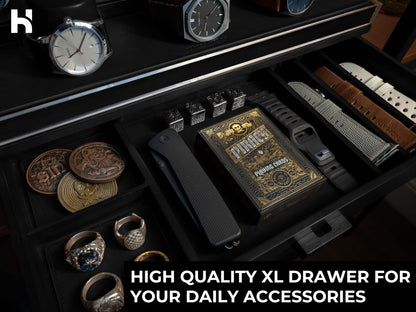 Premium 7 Slot Watch Box for Men - Large Wooden Watch Display Case with Hinged Cover, Leather Lining & Drawer - Watch Holder Organizer Stand - Handcrafted Luxury Birthday Gift for Men
