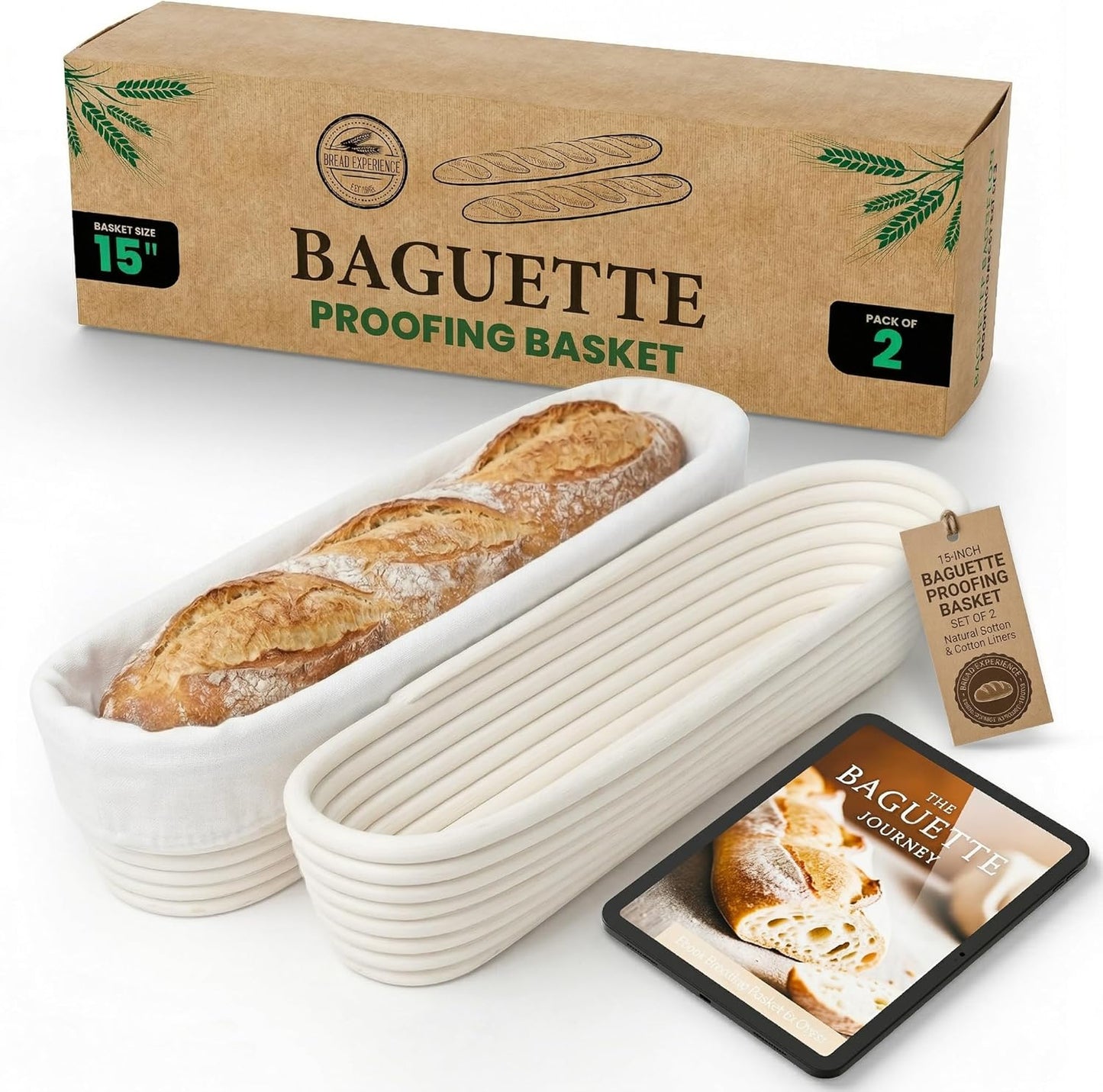 15 Inch Set 2 Baguette Proofing Basket of with Cotton Liners & Baguette Recipe eBook- Handcrafted Natural Rattan