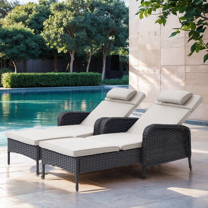 HUMMUH Patio Lounge Chairs Set of 2 - Chaise Lounge Chair with 5-Position Adjustable Backrest Outdoor Chaise for Poolside Beach Garden Deck Sunroom - Brown/Beige